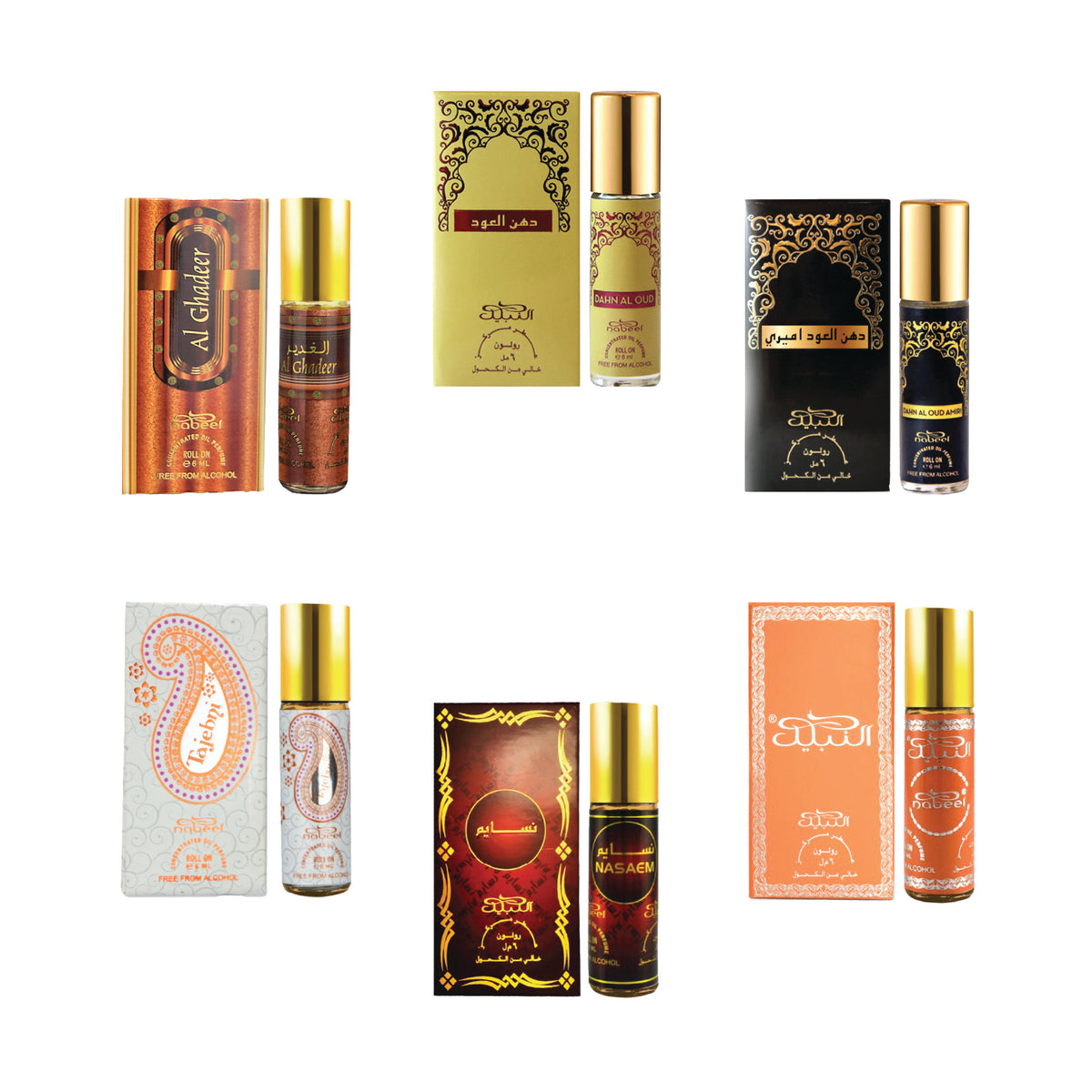 Nabeel - Premium Attar Roll-on Perfume Oil - Collection 1 - Al Ghadeer, Dahn Al Oud, Dahn Al Oud Amiri, Tajebni, Nasaem, Nabeel | 100% Non Alcoholic | Gift Set - 6ml (Pack of 6) | Made in U.A.E