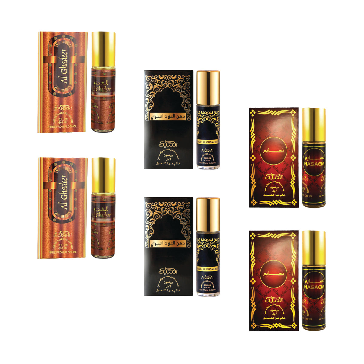 Nabeel - Premium Attar Roll-on Perfume Oil - Collection 19 - Al Ghadeer, Dahn Al Oud Amiri, Nasaem | 100% Non Alcoholic | Gift Set - 6ml (Pack of 6) | Made in U.A.E