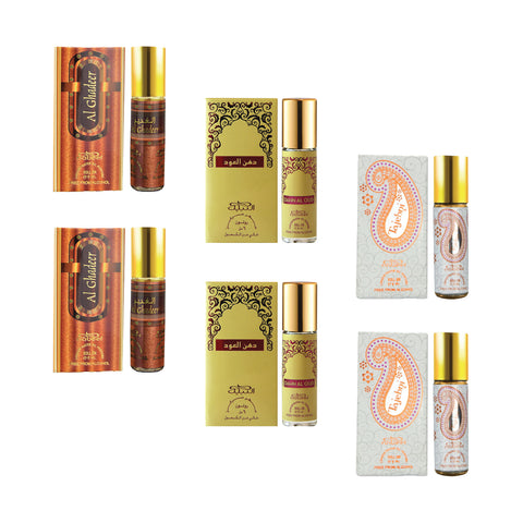 Nabeel - Premium Attar Roll-on Perfume Oil - Collection 18 - Al Ghadeer, Dahn Al Oud, Tajebni | 100% Non Alcoholic | Gift Set - 6ml (Pack of 6) | Made in U.A.E