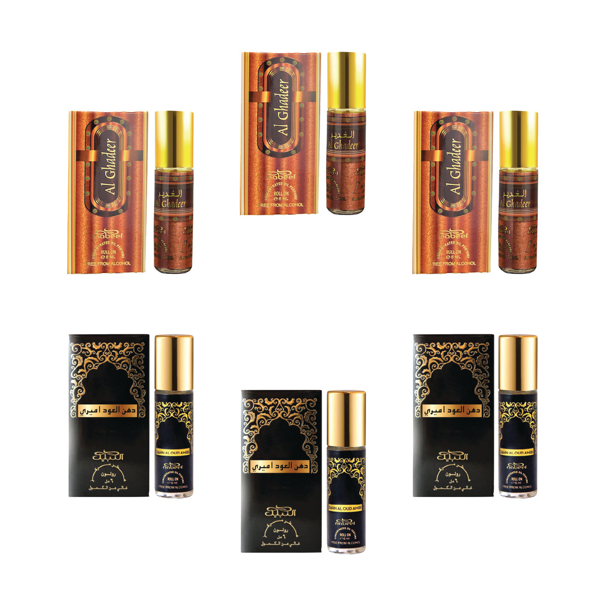 Nabeel - Premium Attar Roll-on Perfume Oil - Collection 6 - Al Ghadeer, Dahn Al Oud Amiri | 100% Non Alcoholic | Gift Set - 6ml (Pack of 6) | Made in U.A.E
