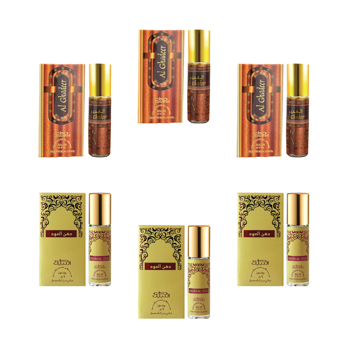 Nabeel - Premium Attar Roll-on Perfume Oil - Collection 2 - Al Ghadeer, Dahn Al Oud | 100% Non Alcoholic | Gift Set - 6ml (Pack of 6) | Made in U.A.E