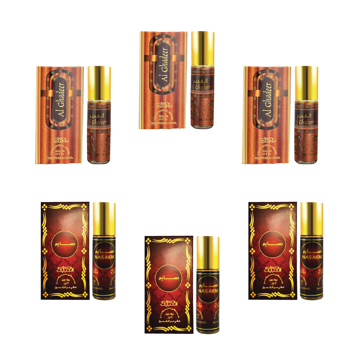 Nabeel - Premium Attar Roll-on Perfume Oil - Collection 8 - Al Ghadeer, Nasaem | 100% Non Alcoholic | Gift Set - 6ml (Pack of 6) | Made in U.A.E