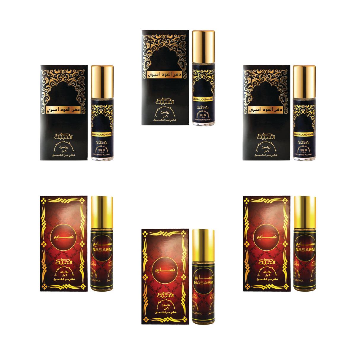 Nabeel - Premium Attar Roll-on Perfume Oil - Collection 13 - Dahn Al Oud Amiri, Nasaem | 100% Non Alcoholic | Gift Set - 6ml (Pack of 6) | Made in U.A.E