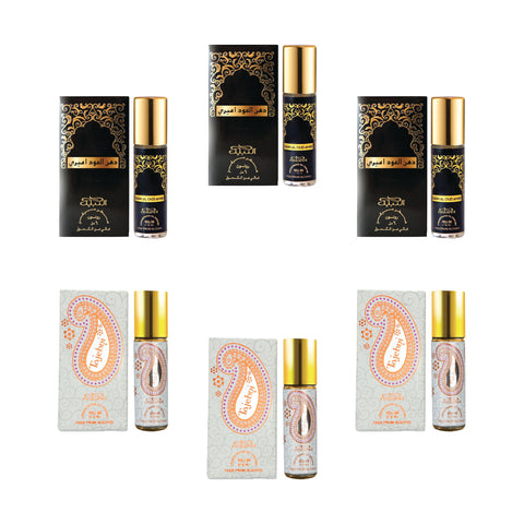 Nabeel - Premium Attar Roll-on Perfume Oil - Collection 3 - Dahn Al Oud Amiri, Tajebni | 100% Non Alcoholic | Gift Set - 6ml (Pack of 6) | Made in U.A.E