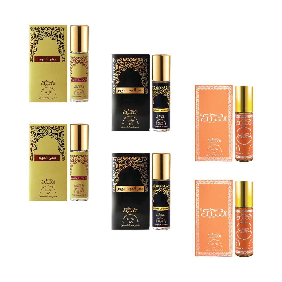 Nabeel - Premium Attar Roll-on Perfume Oil - Collection 17 - Dahn Al Oud, Dahn Al Oud Amiri, Nabeel | 100% Non Alcoholic | Gift Set - 6ml (Pack of 6) | Made in U.A.E