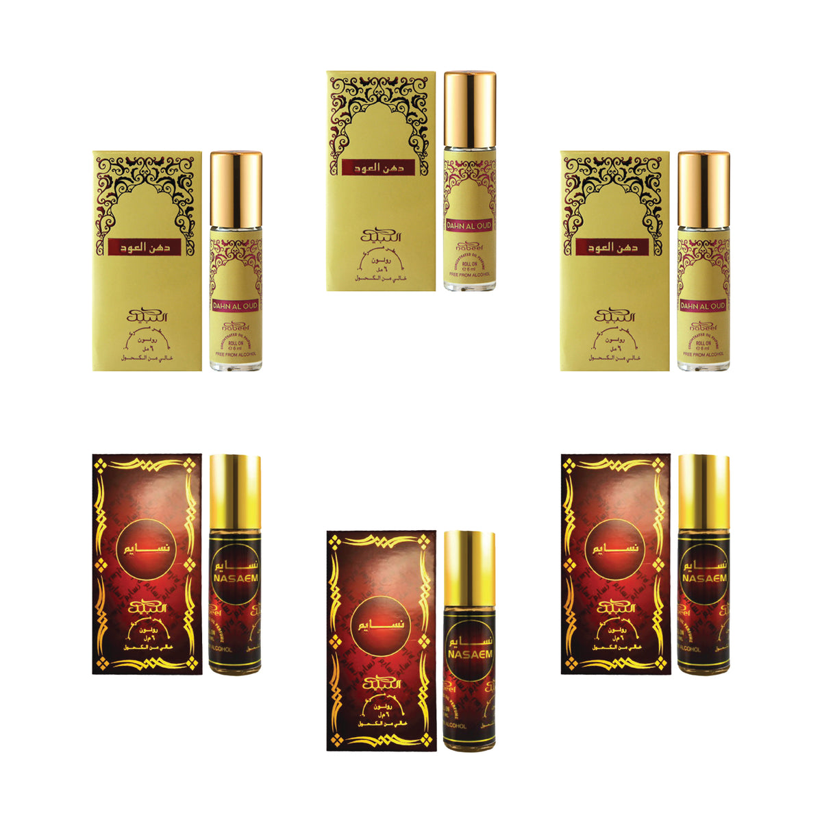 Nabeel - Premium Attar Roll-on Perfume Oil - Collection 10 - Dahn Al Oud, Nasaem | 100% Non Alcoholic | Gift Set - 6ml (Pack of 6) | Made in U.A.E
