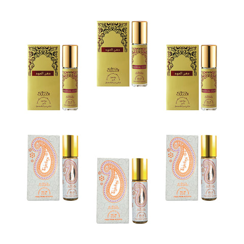 Nabeel - Premium Attar Roll-on Perfume Oil - Collection 9 - Dahn Al Oud, Tajebni | 100% Non Alcoholic | Gift Set - 6ml (Pack of 6) | Made in U.A.E