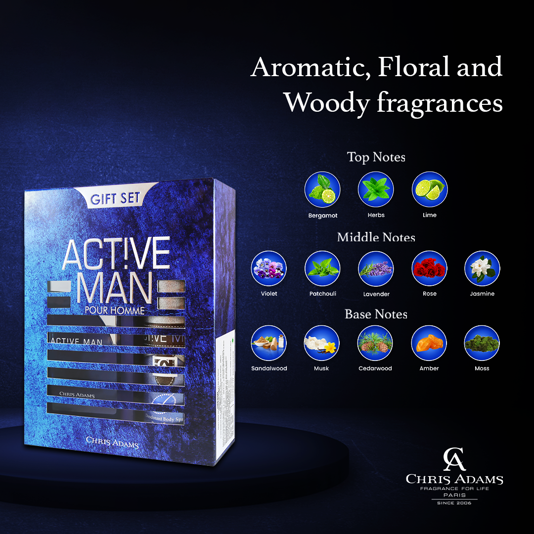 Chris Adams Gift Set - Active Man | EDP, 100ml + Deodorant Body Spray, 200ml Gardenia Cosmotrade LLP