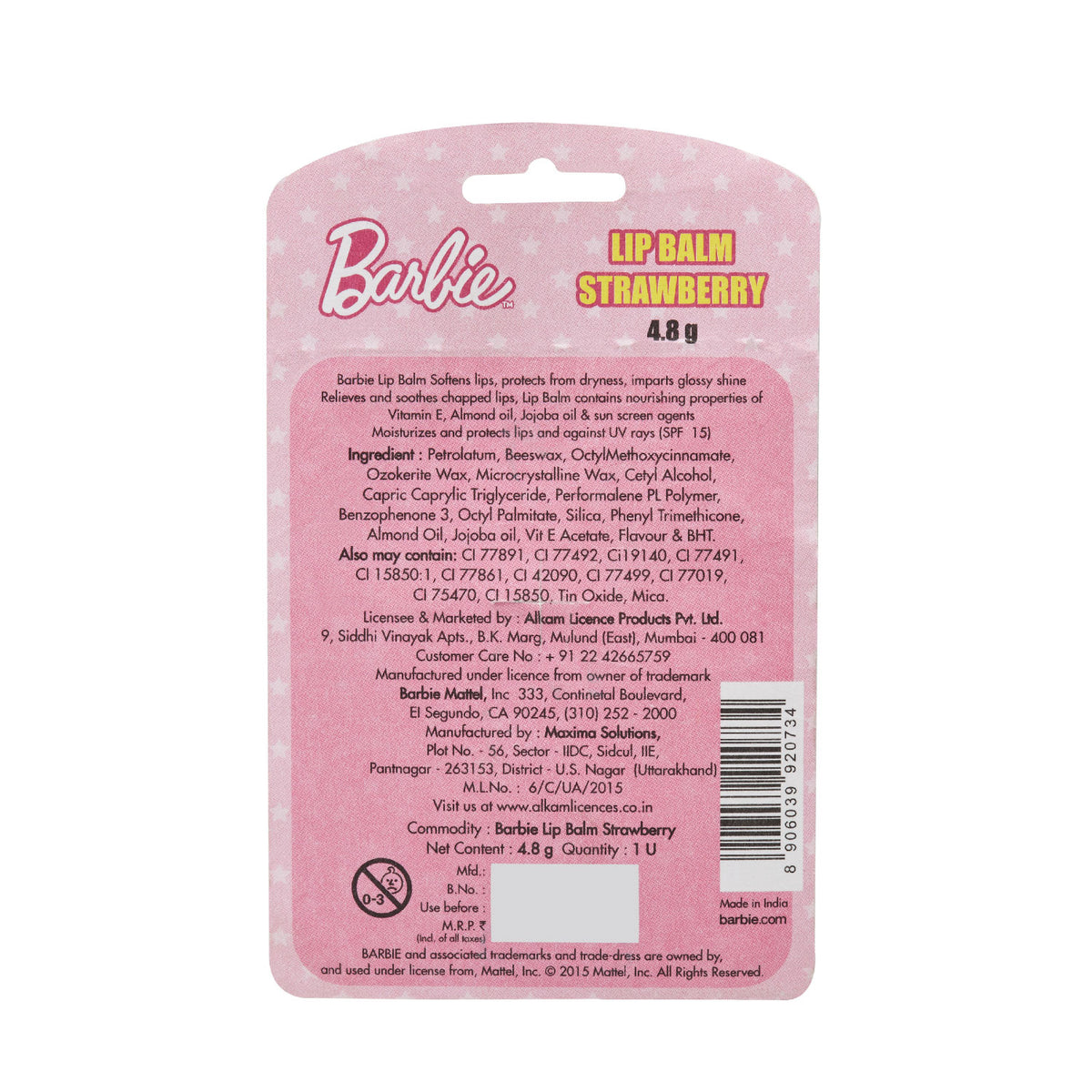 Barbie Lip Balm - Strawberry, 4.8g(Pink) Gardenia Cosmotrade LLP