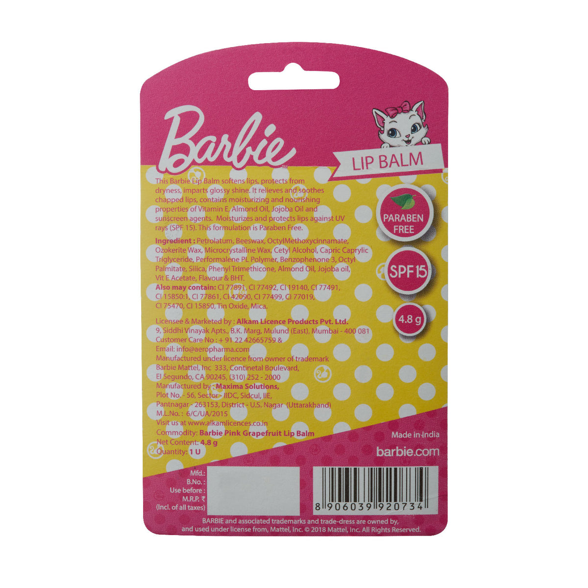 Barbie Lip Balm - Pink Grapefruit, 4.8g Gardenia Cosmotrade LLP